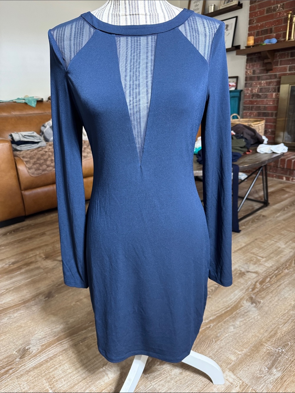 Express Navy Long-Sleeve Mesh Paneled Bodycon Dress